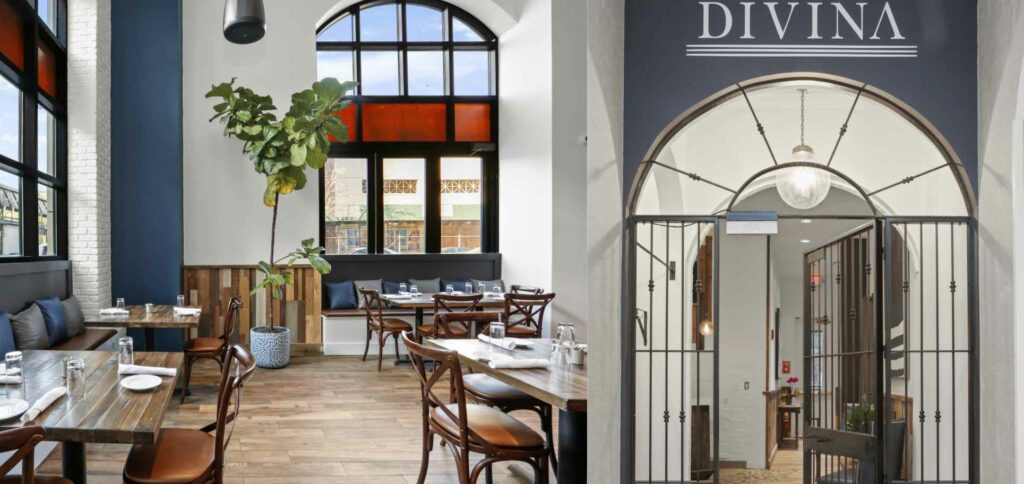 an overview shot of Divina Restaurant showing the door and dining areas