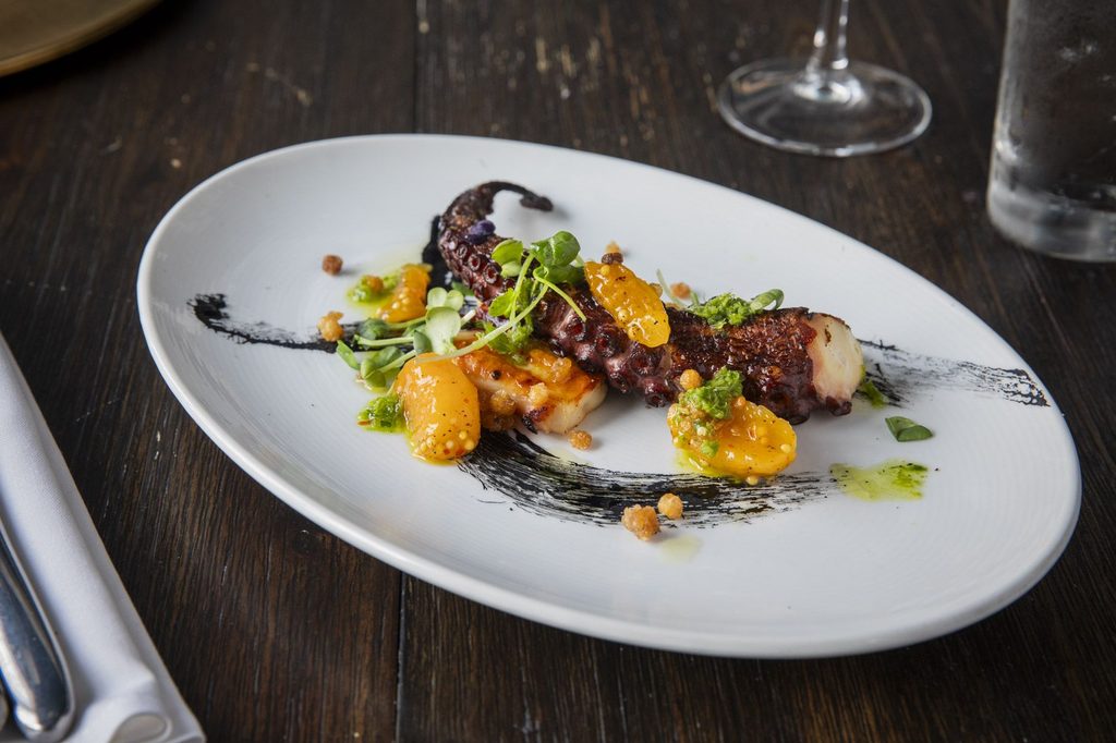 Elegantly plated grilled octopus tentacle served with yellow puree, capers, and a decorative black sauce swipe on a white oval plate.