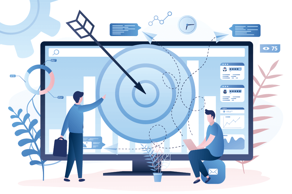 Illustration showing a target on a computer screen, depicting retargeting