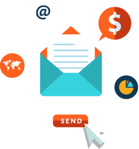 a clip art icon of email surrounded by other icons, like email marketing metrics