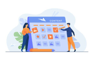 a cartoon illustration of content calendars with two people creating them on the side