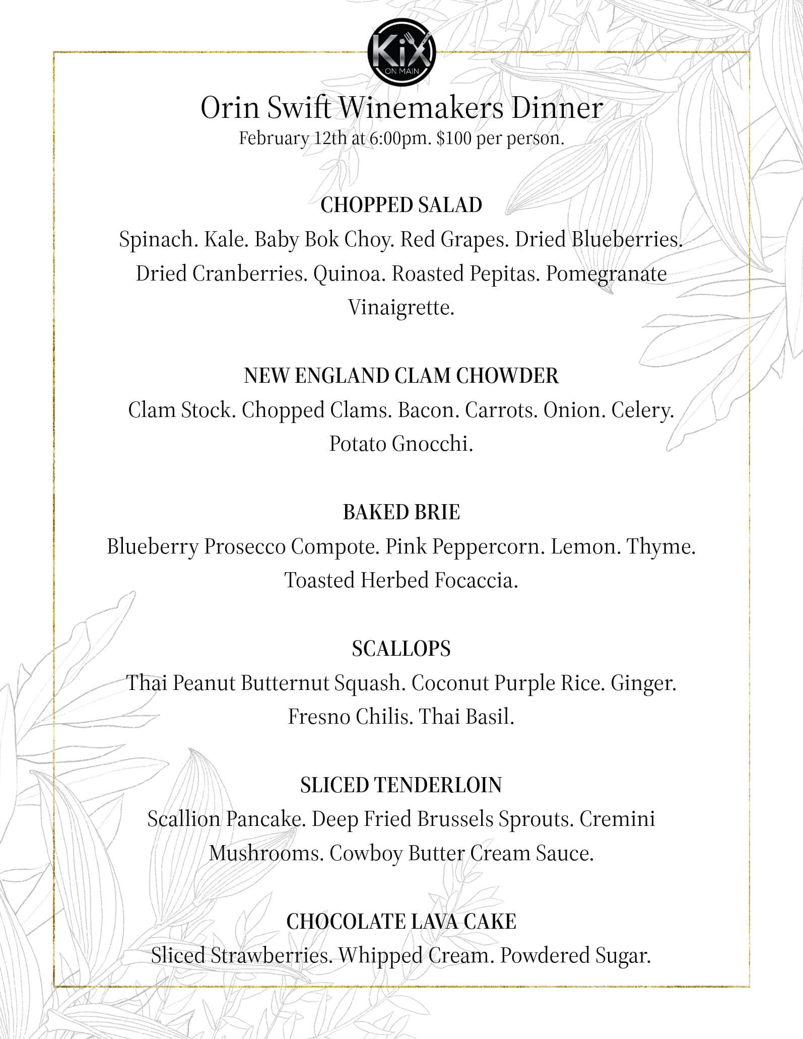 Orin Swift Wine Dinner at KiX ON MAIN