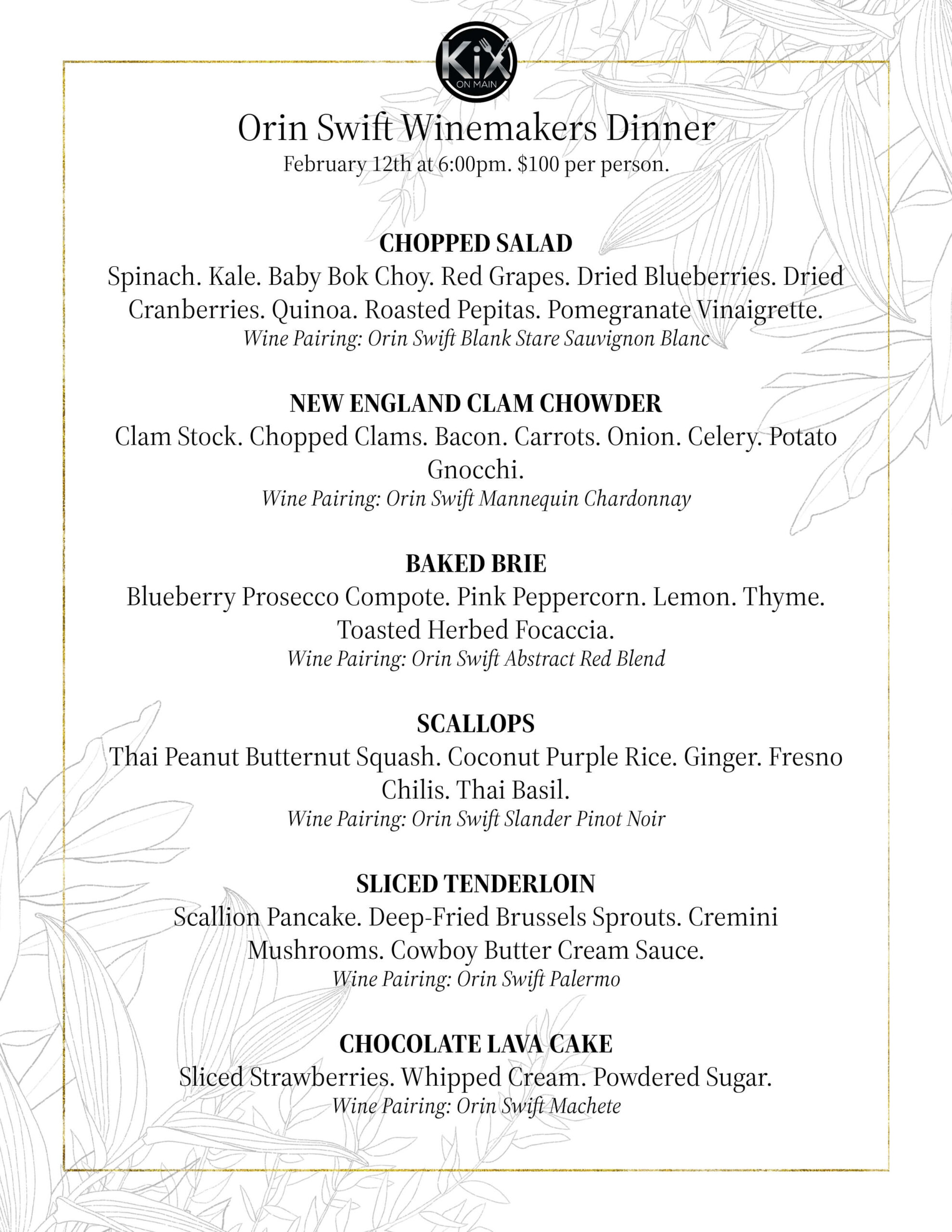 Orin Swift Wine Dinner at KiX ON MAIN