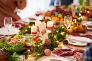 a table laid out with food and drink for the holidays
