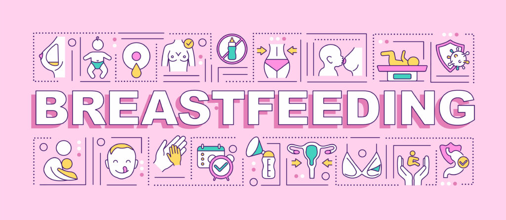 a word concept banner surrounding the word "breastfeeding" with a pink background and images surrounding the benefits of breastfeeding