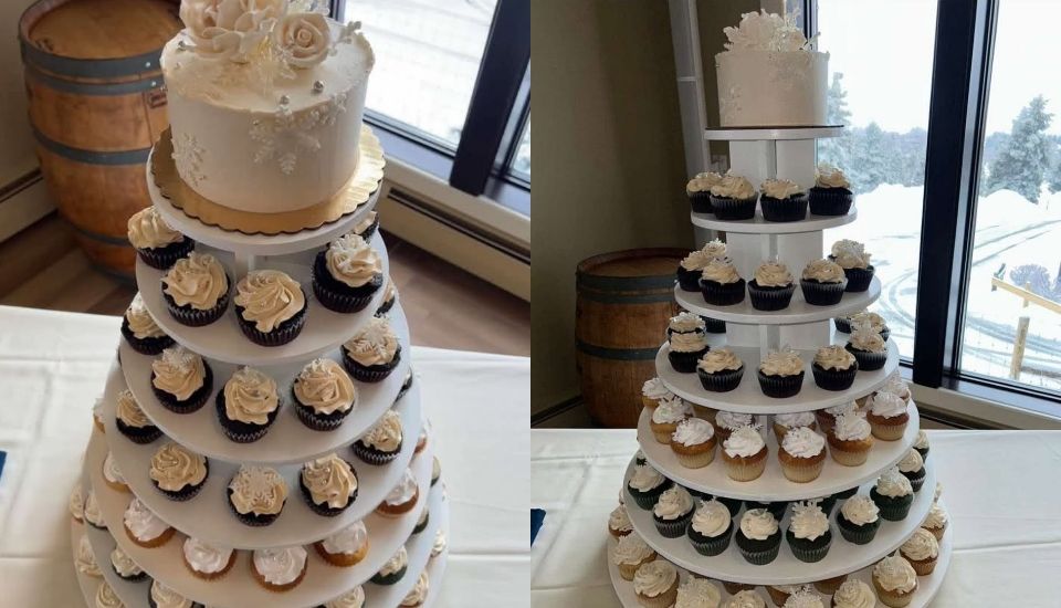 Two views of a cupcake tower